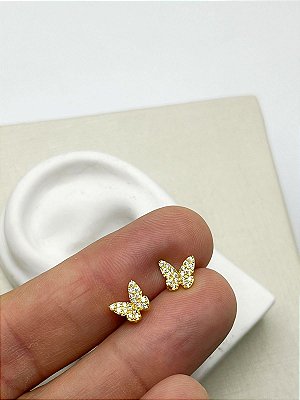 Brinco cravejado borboleta zirconia - tarraxa - Banho ouro camada 2 milésimos com verniz 1 par
