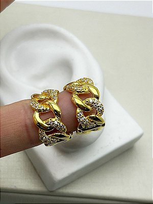 Brinco Argola corrente cravejado zirconia - click - Banho ouro camada 2 milésimos com verniz  1 par