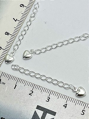 Corrente Alongadora Cortada Com Terminal Pingente - Kit Com 10 Unidades Extensora Com Aproximadamente 5Cm - pingente coracao - Banho Prata 1000 - camada 50 milésimos Verniz Protetivo - semijoia
