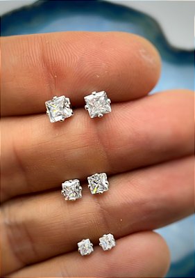 Trio Brinco zirconia cristal quadrado - P M G - Banho prata 925 semijoia camada 50 milésimos - 3 pares