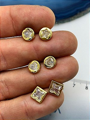 TRIO BRINCO OURO ZIRCONIA CRISTAL COM TARRAXA - 3 PARES - BANHO OURO CAMADA 2 MILÉSIMOS COM VERNIZ