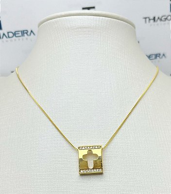 Colar pingente Cruz cravejado zircnonia cristal 40cm Ouro  - 1 unidade
