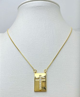 Colar pingente Cruz cravejado zircnonia cristal - banho Ouro  - 1 unidade