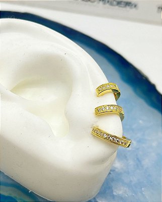 Trio Brinco Argola Zirconia Cravejada cravejada cristal - tipo click - 3 pares - P M G - Banho ouro 18k com verniz protetivo