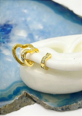 Trio Brinco Argola Coracao Zirconia Cravejada cravejada cristal - tipo click - 3 pares - P M G - Banho ouro 18k com verniz protetivo