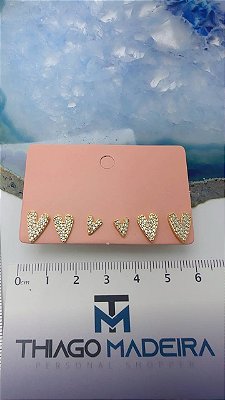Trio Brinco Coracao Cravejado Ouro 18k - 01 trio
