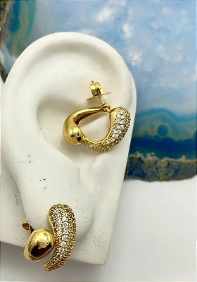 Brinco Gota cravejado zirconia cristal com tarraxa - 1 par - banho ouro com verniz