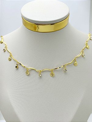 Corrente Palito Concha Zirconia - banho ouro 18k com 2 milésimos de camada - 1 metro