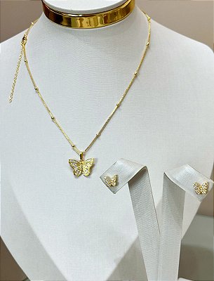 Conjunto Borboleta cravejada zirconia - com colar veneziana 45cm mais extensora - brinco e colar cravejados - Banho ouro 18k camada 2 milésimos e verniz