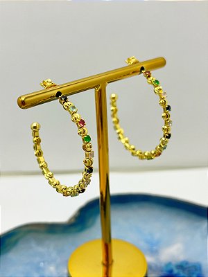 Brinco Argola zircônia colorida bolinha - banho ouro - 1 par