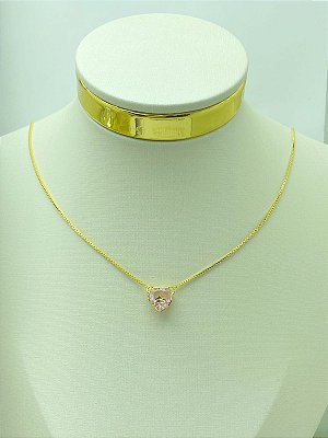 Escapulario Coracao zirconia rosa e cristal veneziana - medida 60cm - banho ouro Camada 2 milésimos com verniz - 1 unidade