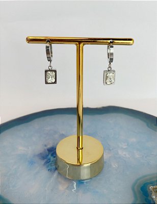 Brinco Argola Click Quadrado Zirconia Aço Inox - 1 par