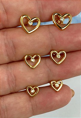 Trio Brinco Coração Zircônia Cristal - Conjunto 3 Pares -  Banho Ouro 2 Milésimos Camada Com Verniz italiano