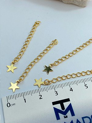 Corrente Alongadora Cortada Com Terminal Pingente Estrela - Kit Com 10 Unidades Extensora Com 5Cm - pingente Estrela - Banho Ouro 2 Milésimos Com Verniz Protetivo