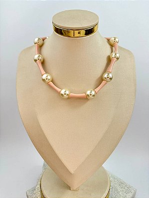 Colar Tubo Resina Rosa Com Perolas - 1 Unidade