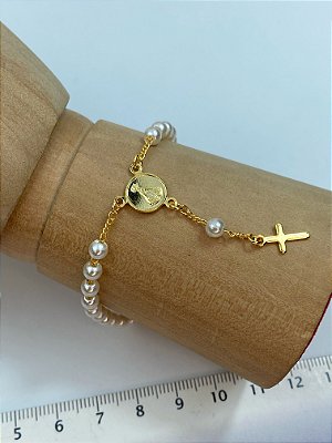 Pulseira Terço Aparecida pérola Banho ouro 2 milésimos - medida 17cm com extensor