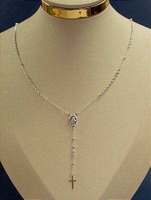 Colar Terço Sagrado coração de Jesus em Prata Banho 925 Semijoia medida 60cm com extensor