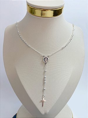 Colar Terço Sagrado coração de Jesus em Prata Banho 925 Semijoia- medida 60cm com extensor