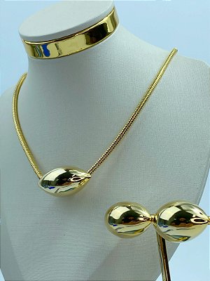Conjunto Colar e Brinco Gota - 1 Conjunto banho ouro 2 milésimos com verniz italiano
