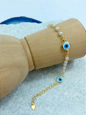 Pulseira Perola olho grego Banho Ouro 2 milésimos - 1 unidade