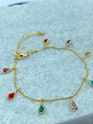 Pulseira gotas zirconias coloridas Banho Ouro 2 milésimos - 1 unidade