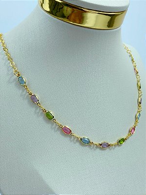 Colar zirconias coloridas banho ouro 2 milésimos - 1 Unidade