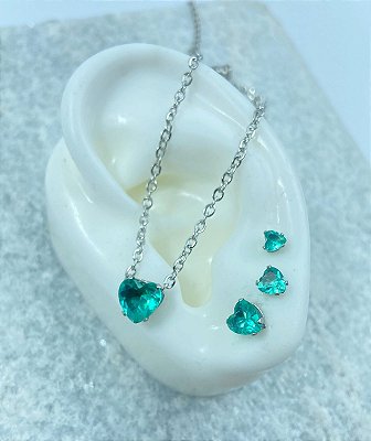 Conjunto Aço inox - Coração Zirconia - Colar e Trio de Brinco