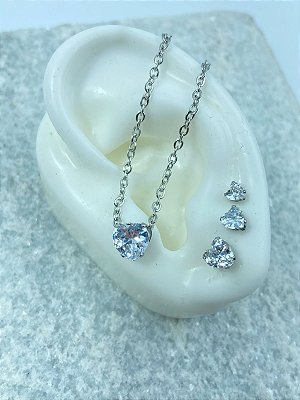 Conjunto Aço inox - Coração Zirconia - Colar e Trio de Brinco