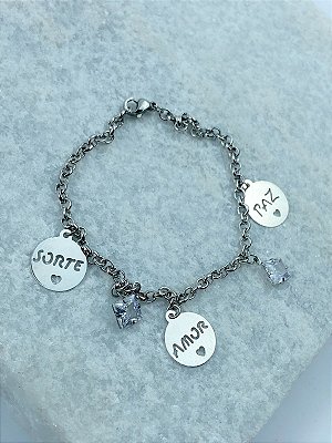 Pulseira Aço inox Paz Sorte Amor  com zirconia - 1 unidade