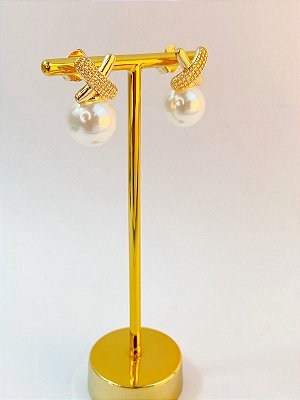 Brinco Perola Cravejado zirconia banho ouro 2 milésimos - 1 par - Brinco super leve