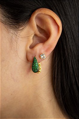 Brinco Gota com zircônia verde cravejada banho ouro - 1 par