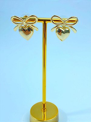 Brinco Coracao laço com tarraxa banho ouro - 1 par