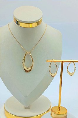 Conjunto Colar organico e brinco organico tarraxa banho ouro - 1 par