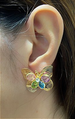 Brinco Borboleta com zirconia colorida Banho ouro 2milésimos - 1 par com tarraxa