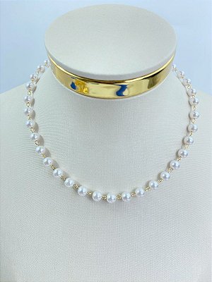 Colar Perola de 6mm Banho ouro 2 milésimos - medida 35cm + extensora - 1 unidade