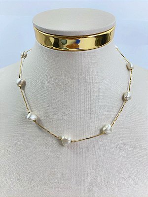 Colar Perola Coracao 8mm Banho ouro 2 milésimos - medida 40cm com extensora - 1 unidade
