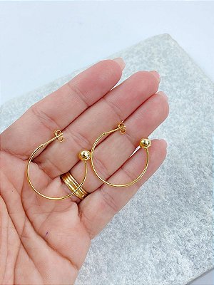 Brinco Argola com bolinha trava para pingente - 1 par banho ouro 2 milésimos com verniz italiano