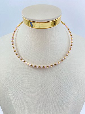 Choker aro bolinha perola Banho ouro 2 milésimos com verniz italiano e extensora - 1 unidade - medida 30cm de aro mais 9cm de extensora