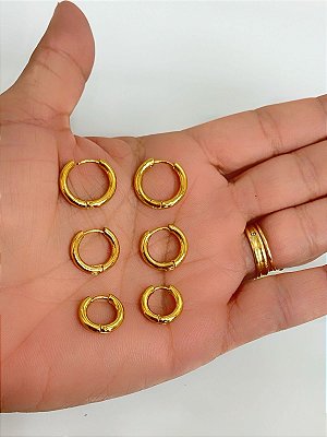 Trio Brinco Argola Aço Inox dourado tipo click - antialergico - P M G - 3 pares