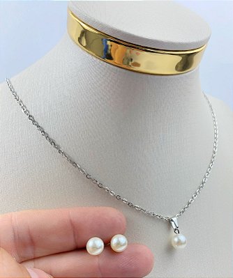 Conjunto Aço inox - Perola - Colar e Brinco - antialergico