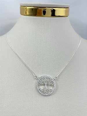 Conjunto Arvore da Vida cravejado zirconia cristal - banho Prata 925 camada 50 milésimos com verniz italiano - semijoia