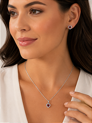 Conjunto Coracao cravejado zirconia cristal banho Prata 925 Semijoia camada 50 milésimos com verniz italiano - semijoia