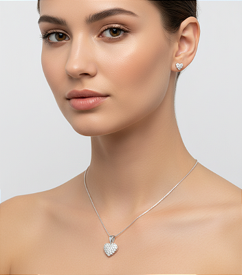 Conjunto Coracao cravejado zirconia cristal - banho Prata 925 camada 50 milésimos com verniz italiano - semijoia