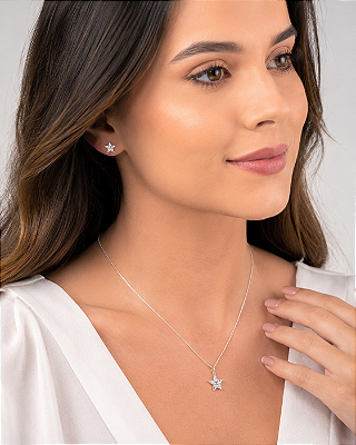 Conjunto Estrela cravejado zirconia cristal - banho Prata 925 camada 50 milésimos com verniz italiano - semijoia