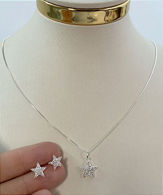 Conjunto Estrela cravejado zirconia cristal - banho Prata 925 camada 50 milésimos com verniz italiano - semijoia