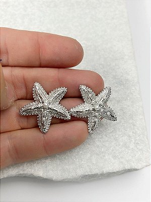Brinco Estrela do mar com perola - banho diamante com verniz italiano - 1 par