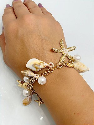 Pulseira Fundo do Mar - Estrela búzios e concha - banho ouro com verniz italiano - 1 unidade