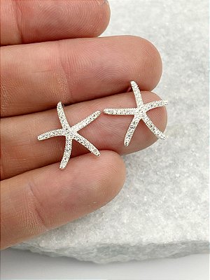 Brinco Estrela do mar cravejada com zircônia - banho Prata 925 Semijoia com verniz italiano - 1 par