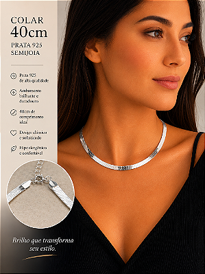 Colar Malha fita 8mm Banho Prata 925 Semijoia com 50 milésimos de camada e verniz italiano - 1 unidade - medida 40cm com extensora
