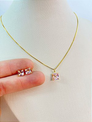 Conjunto Pedra Carre - colar veneziana com pingente e brinco zirconia - banho ouro 2 milésimos com verniz italiano